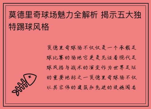 莫德里奇球场魅力全解析 揭示五大独特踢球风格