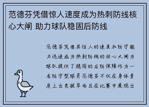 范德芬凭借惊人速度成为热刺防线核心大闸 助力球队稳固后防线